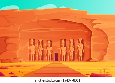 Ancient Egypt, Abu Simbel Small Temple, cartoon vector illustration. Rock carved temple facade with giant figures pharaoh Ramses and his wife Nefertari, travel Aswan landmark, World Heritage Monument