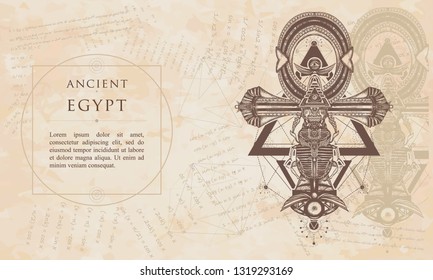 Ancient egypt. Ankh symbol of eternal life. Renaissance background. Medieval engraving manuscript. Vintage paper with drawings, vector 