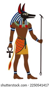 Ancient Egypt. Anubis, God of death. Man with black head of wild dog Sab. Vector illustration isolated on white background.
