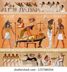 Ancient Egypt. Anubis and pharaoh sarcophagus. Egyptian gods, mythology. Hieroglyphic carvings. Mummification process. Concept of a next world. History wall painting, tomb King Tutankhamun 