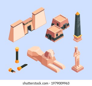 Ancient egypt. Architectural old objects of egypt pyramid buildings desert historical constructions garish vector isometric illustrations