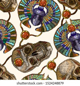 Ancient Egypt art. Egyptian scarab and pharaoh skulls seamless pattern. Embroidery antique jewelry. Gold bug. Fashion template for clothes, t-shirt design 