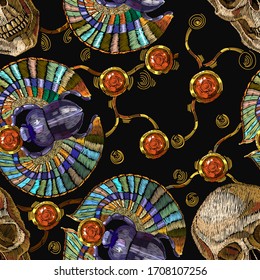 Ancient Egypt art. Egyptian scarab and pharaoh skulls seamless pattern. Gold bug. Old history style. Fashion template for clothes, t-shirt design. Embroidery, antique jewelry 