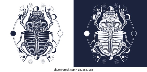 Ancient Egypt art. Esoteric scarab beetle and sacred moon phases tattoo. Spiritual symbol of pharaoh, god Ra, t-shirt design. Black and white vector graphics 