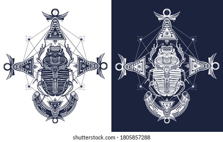 Ancient Egypt art. Esoteric scarab beetle tattoo. Spiritual symbol of pharaoh, god Ra, t-shirt design. Black and white vector graphics
