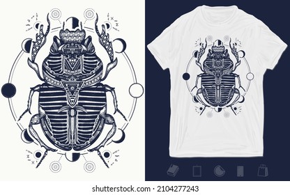 Ancient Egypt art. Esoteric scarab beetle and sacred moon phases tattoo. Spiritual symbol of pharaoh, god Ra, t-shirt design. Vector graphics template. Hand drawn illustration 