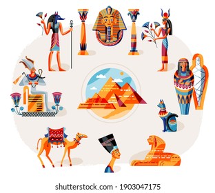 Ancient Egypt art history set. Egyptian symbols, gods, landscape vector illustration. Pharaoh, Nefertiti statue, Anubis, Sphynx, pyramids in desert, mummy. Mythology elements.