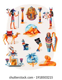 Ancient Egypt art history set. Egyptian symbols, gods, landscape vector illustration. Pharaoh, Nefertiti statue, Anubis, Sphynx, pyramids in desert, mummy. Mythology elements.