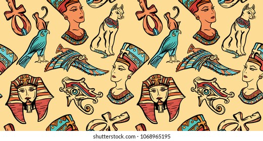 Ancient Egypt art pattern. Classic flash tattoo style Egypt, patches and stickers. Ancient Egypt vintage seamless pattern, old school tattoo. Pharaoh, ankh, eye Ra, Nefertiti, cat