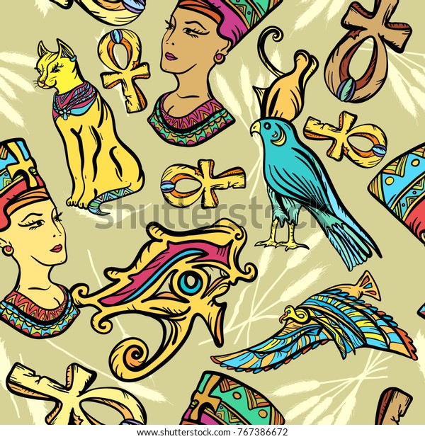 古代エジプトのアート柄 エジプト パッチ ステッカーなど フラッシュタトゥーのスタイルが特徴 古い学校の入れ墨 古代エジプトのシームレスな模様 ファラオ アンク 目ra Nefertiti Cat のベクター画像素材 ロイヤリティフリー