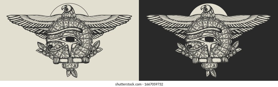 Ancient Egypt art. Sacred golden eagle and sun. Horus eye and egyptian falcon. Template for clothes, covers, emblems, stickers, poster and t-shirt design 
