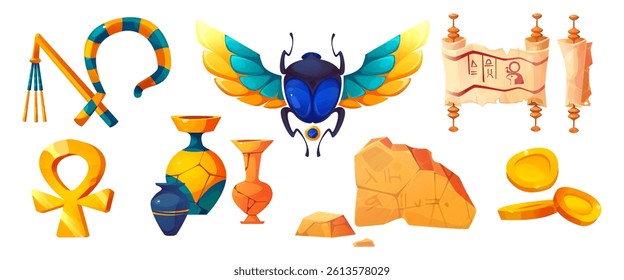Ancient Egypt artifacts set - stone hieroglyph fragments and scarab beetle, ankh cross and parchment scroll, colorful ceramic vase and golden coins, ankh cross and Egyptian pharaoh crook and flail.