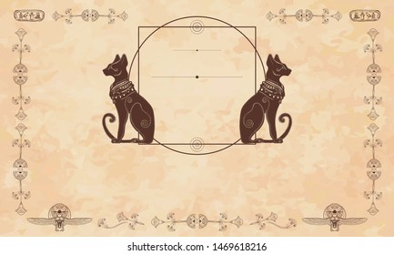 Ancient Egypt background.  Black cats and sacred scarab. Egyptian frame template. Old paper vector. Travel and History art 