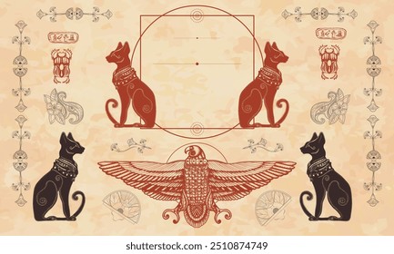 Antecedentes del antiguo Egipto. Gatos negros y águila sagrada. Plantilla de marco egipcio. Viajes y arte de la historia. Vector de papel viejo. Plantilla de portada. Manuscritos medievales