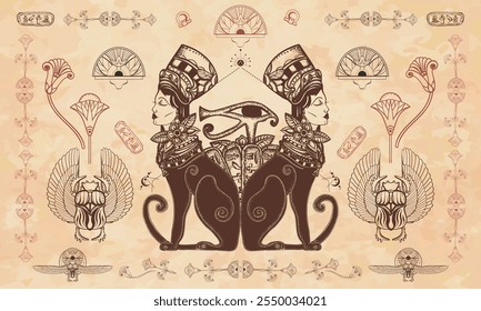 Ancient Egypt background. Black woman cats. Egyptian frame template. Travel and History art. Old paper vector. Cover page template. Medieval manuscripts