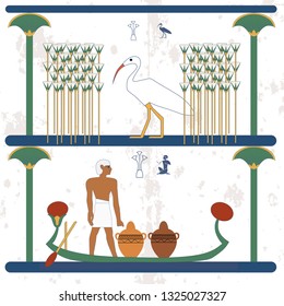 Ancient Egypt background. A man carries vessels on the boat. Ciconia walks through the marshes with canes. Historical background. Ancient people