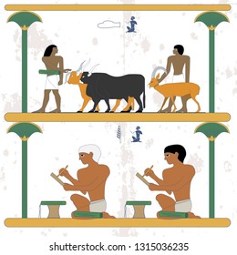 Ancient egypt background. Man lead cows and goat. Scribes at work. Egypt scribes write at papyrus. Historical background. Ancient people