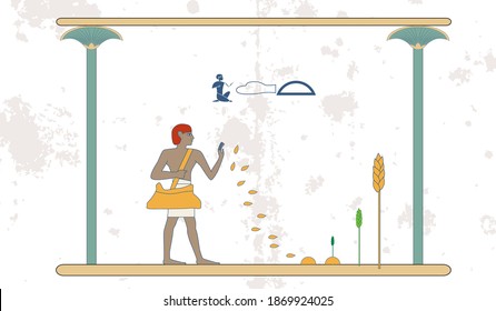 Ancient egypt background. Man sow wheat. Man working in the field. Historical background. Ancient people. Egypt murals, Ancient Egypt people