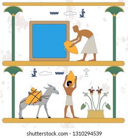 Ancient egypt background. Man taking water from a well. Water carrier and donkey with water jug compostion. Historical background. Ancient people