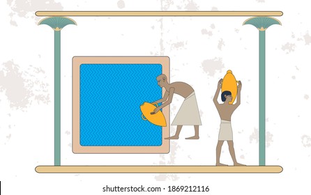 Ancient egypt background. Man taking water from a well. Water carrier and donkey with water jug compostion. Historical background. Ancient people Egypt murals, Ancient Egypt people, people of the Nyle