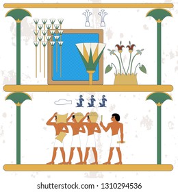 Ancient egypt background. Oasis. Cane and water composition. Egypt builders composition. Historical background. Ancient people