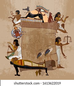 Ancient Egypt background. Old manuscript. Egyptian template. Hand drawn vector. Hieroglyphic carvings on the exterior walls temple 