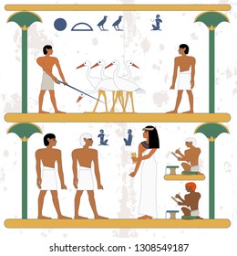 Ancient egypt background. Peasant working at ciconia farmind and egypt man waling alog scene. The noblewoman hiring new worker. Scribe working. Historical background.Ancient people