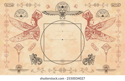 Ancient Egypt background. sacred eagle. Cover page template. Medieval manuscripts. Egyptian frame template. Travel and History art. Old paper vector