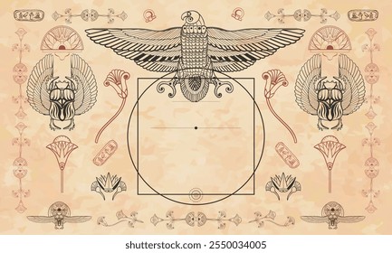 Ancient Egypt background. Scarab and sacred eagle. Egyptian frame template. Medieval manuscripts. Travel and History art. Old paper vector. Cover page template