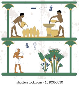 Ancient egypt background. Water carriers at work. Man taking water jug to cane plantation. Historical background. Ancient people