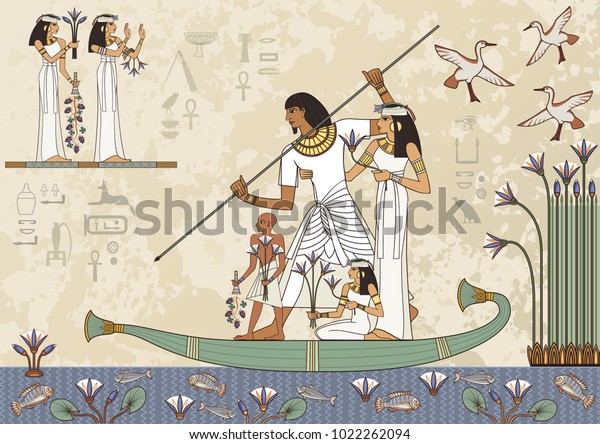 Древний египетский баннер. Египетский иероглиф и символ.Фрески с древней египетской сценой.