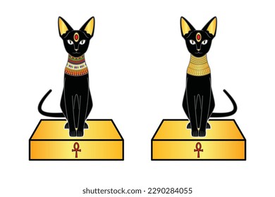 gato negro antiguo de Egipto o gato faraón sentados en un puesto dorado con colorido collar de joyas y dibujos de collar de oro en un vector de dibujos animados