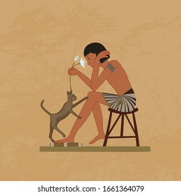 Ancient Egypt. A boy is playing with a cat. Egyptian hieroglyphic carvings, frescoes, mythological scenes, gods and pharaohs.