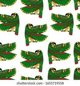 Ancient Egypt bright green falcon on white background vector seamless pattern. Retro wild animal bird simple colorful background. Ancient Sun God Ra in bird body funny endless back.