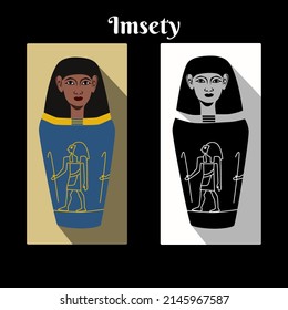 Ancient Egypt canopic jar with god Horus son Imsety head cap and name script. Gods Man jar color and black white card. Canopic jars guardian vector illustration