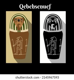 Ancient Egypt canopic jar with god Horus son Qebeksenuef head cap and name script. Gods Falcon jar color and black white card. Canopic jars guardian vector illustration