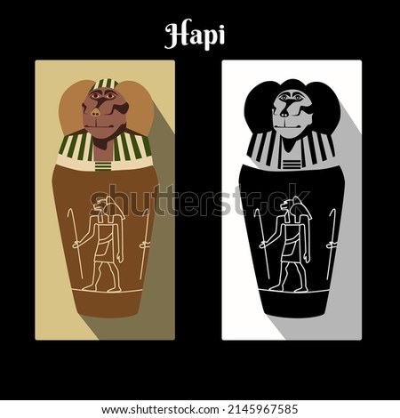 Ancient Egypt canopic jar with god Horus son Hapi head top and name script. Gods cynocephalus jar color and black white card. Canopic jars guardian vector illustration