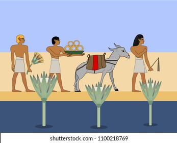 Ancient Egypt caravan travels through the desert. Egyptian traders with donkey travels througth the desert.