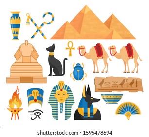 Ancient Egypt cartoon colorful vector illustrations set. Egyptian symbols collection isolated on white background. Pyramid of Cheops, Tutankhamun statue and Great Sphinx monument, scarab beetle.