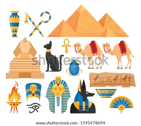Ancient Egypt cartoon colorful vector illustrations set. Egyptian symbols collection isolated on white background. Pyramid of Cheops, Tutankhamun statue and Great Sphinx monument, scarab beetle.