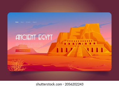 Alte ägyptische Cartoon-Landungsseite, Morgentempel der Königin Hatshepsut in Deir al-Bahri, weltberühmtes ägyptisches Wahrzeichen in der Wüstenlandschaft. Bau eines Vectorweb-Banners für Touristenattraktionen