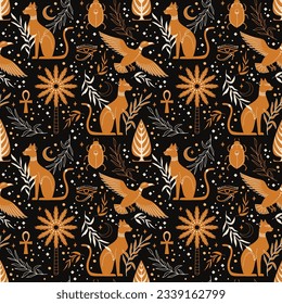 Ancient Egypt cat, duck, symbol. Vector illustration. Seamless pattern