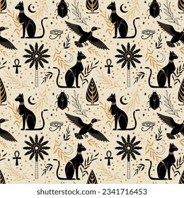 Ancient Egypt cat, duck, symbol. Vector illustration. Seamless pattern