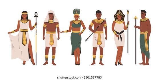 Conjunto de Vectores de personajes del antiguo Egipto. Ilustración para Sitios web, landing pages, App móviles, pósters y Anuncios. Ilustración vectorial plana de moda