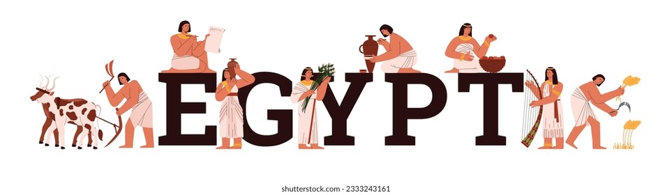 Ancient Egypt civilization and culture banner with huge header and ancient egyptians characters, flat cartoon vector illustration isolated on white background.