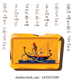 Ancient Egypt clay or stone plate cartoon vector with hieroglyphs and Egyptian culture religious symbols, Ra, sun god at night sails in boat on underground river and fights with chaos god Apophis