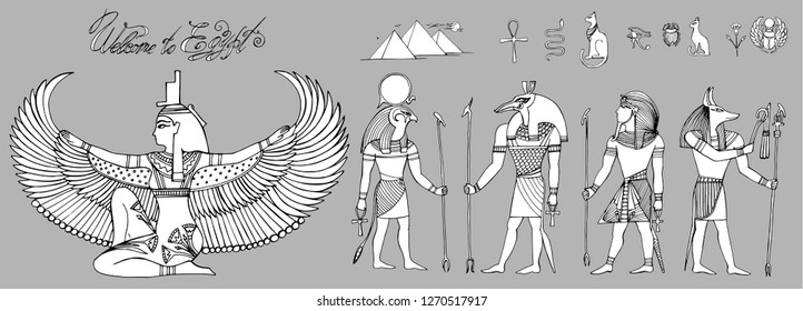 Ancient Egypt collection - gods, deities and mythological creatures from Egyptian mythology and religion, sacred animals, symbols, architecture and sculpture. Colored flat cartoon vector illustration