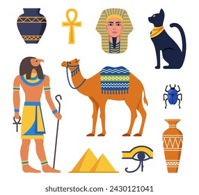 Colección del antiguo Egipto. Dioses, deidades y criaturas mitológicas de la mitología y religión egipcia, animales sagrados, símbolos, arquitectura y escultura. Ilustración de vector