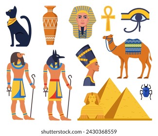 Ancient Egypt collection. Gods, deities and mythological creatures from Egyptian mythology and religion, sacred animals, symbols, architecture and sculpture. Vector illustration