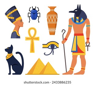 Colección del antiguo Egipto. Dioses, deidades y criaturas mitológicas de la mitología y religión egipcia, animales sagrados, símbolos, arquitectura y escultura. Ilustración de vector